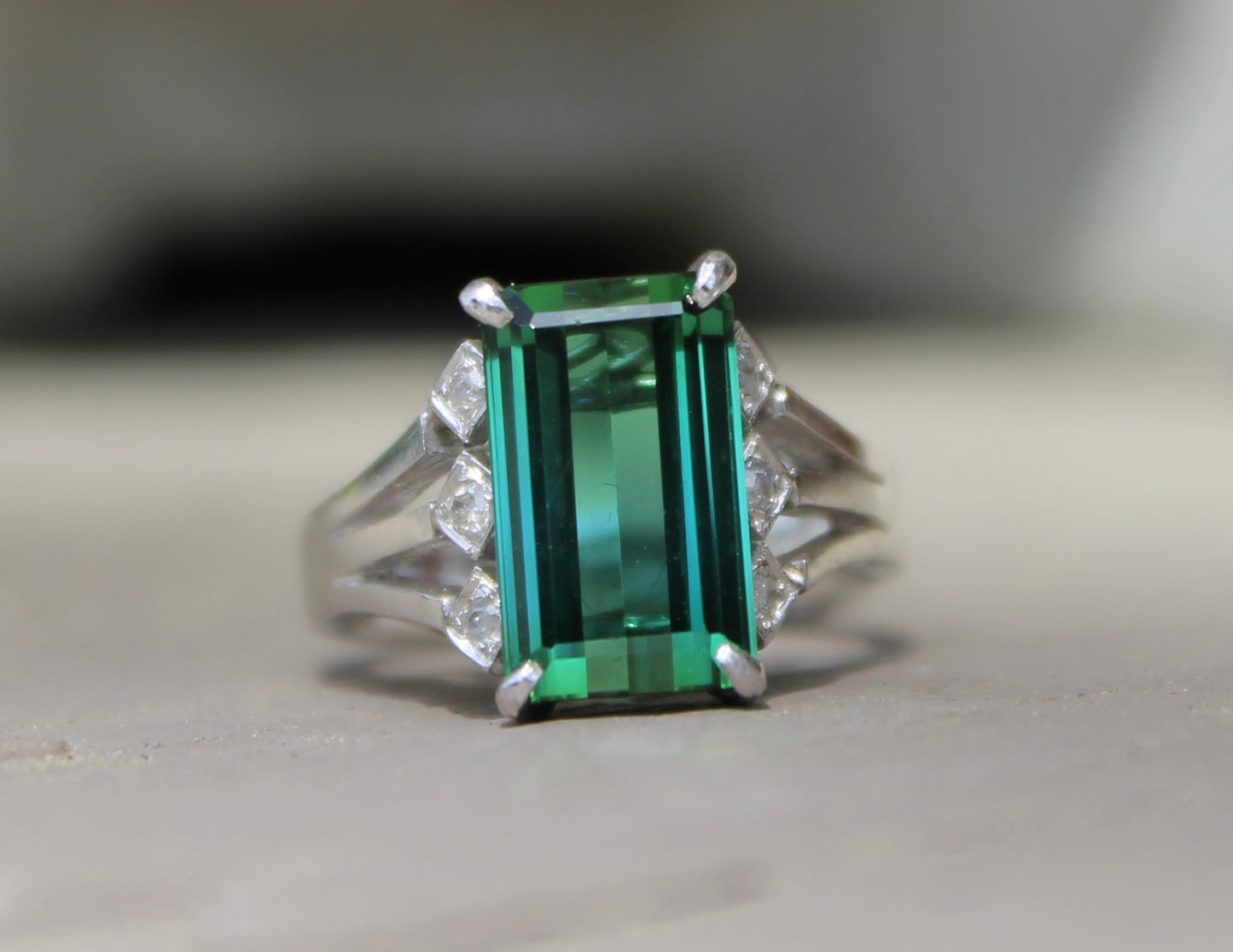Platinum Blue Green Tourmaline & Diamond Ring