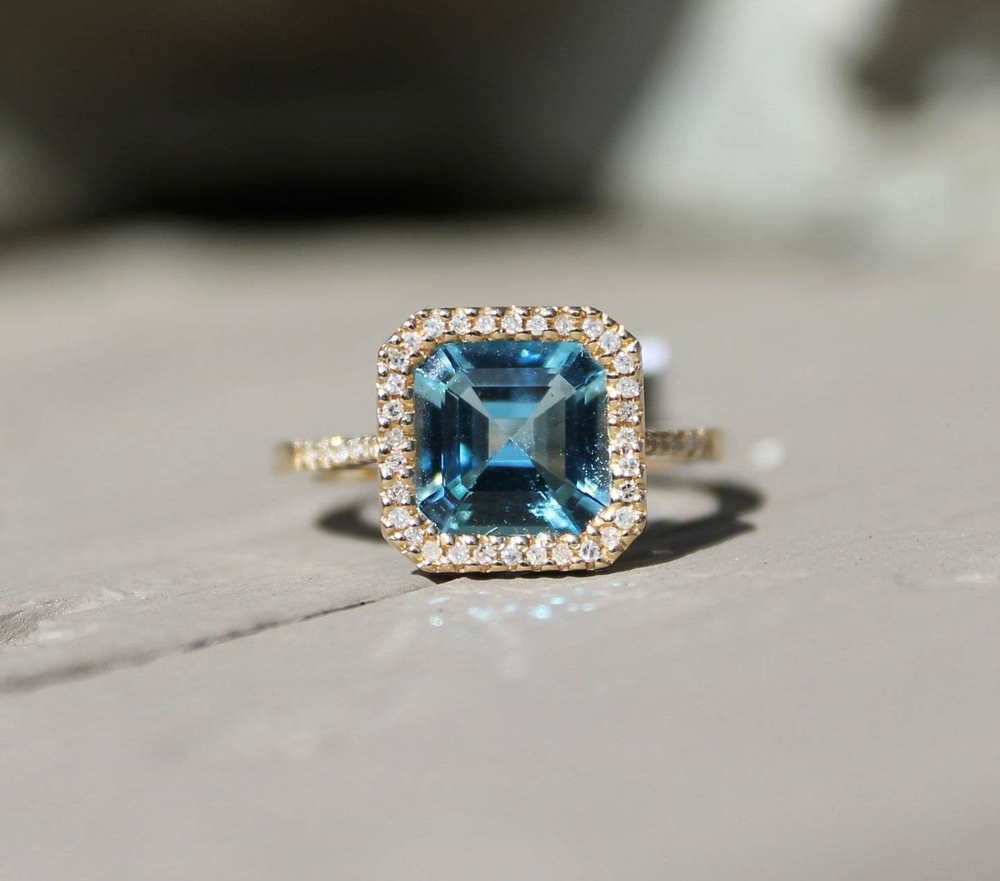 14kyg Asscher Cut Blue Topaz & Diamond Ring