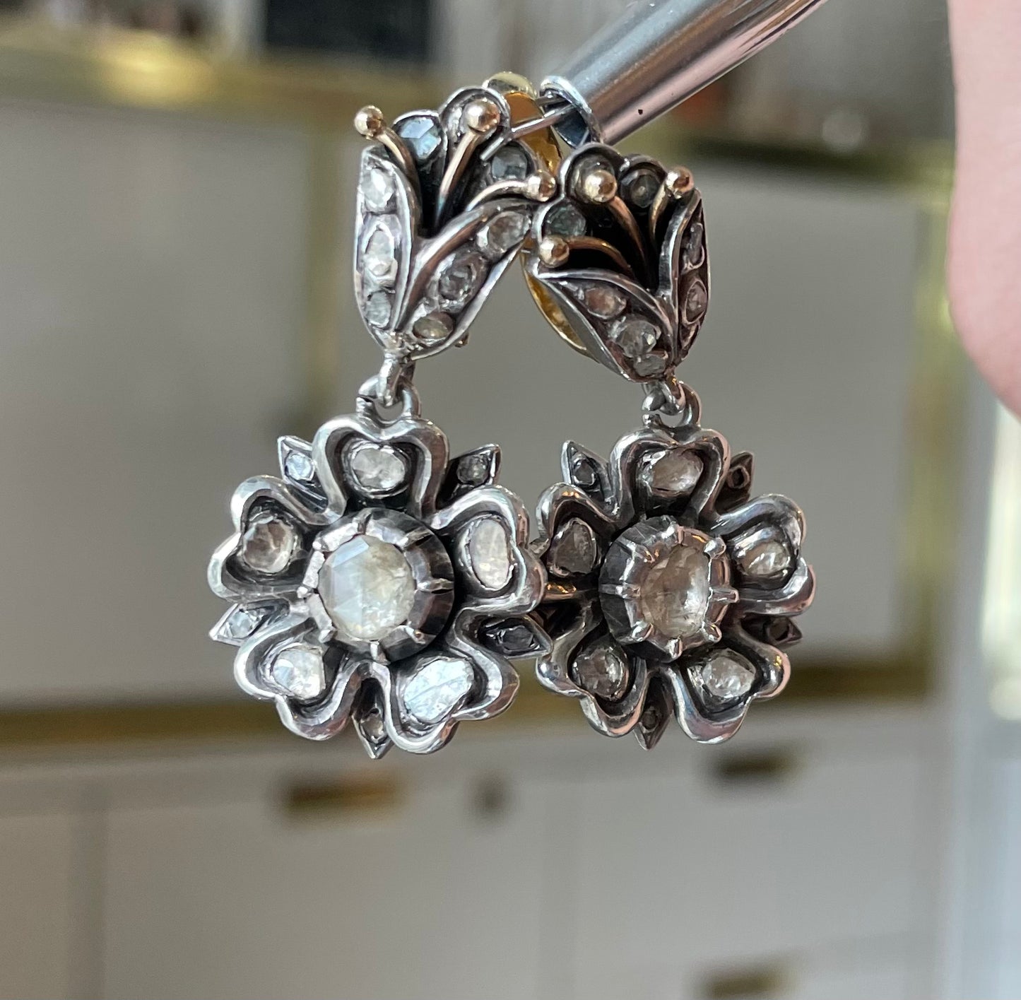 Rose Cut Diamond Drop Earrings 18k w/Silver Topped