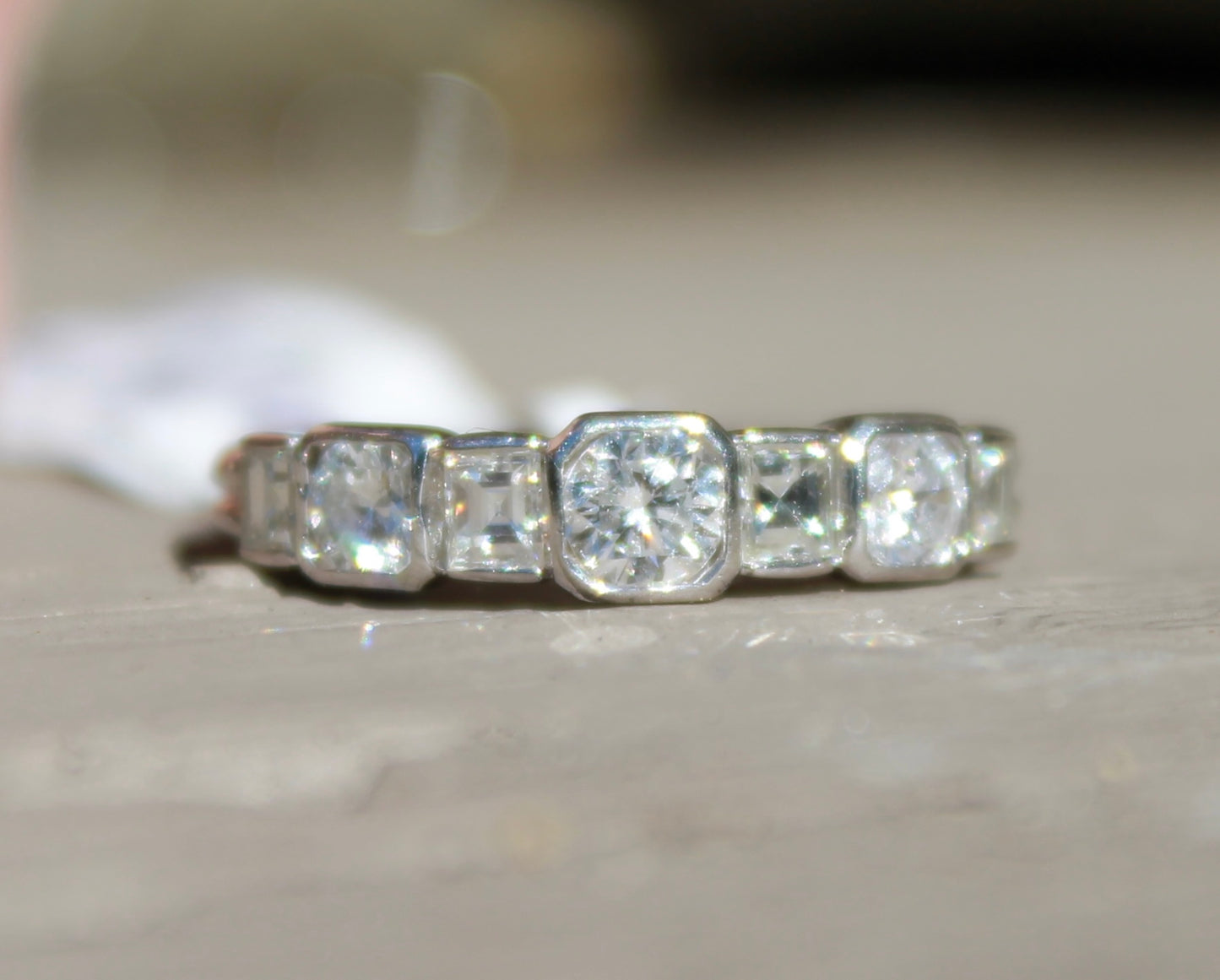 Platinum Round & Square Step Cut Diamond Band