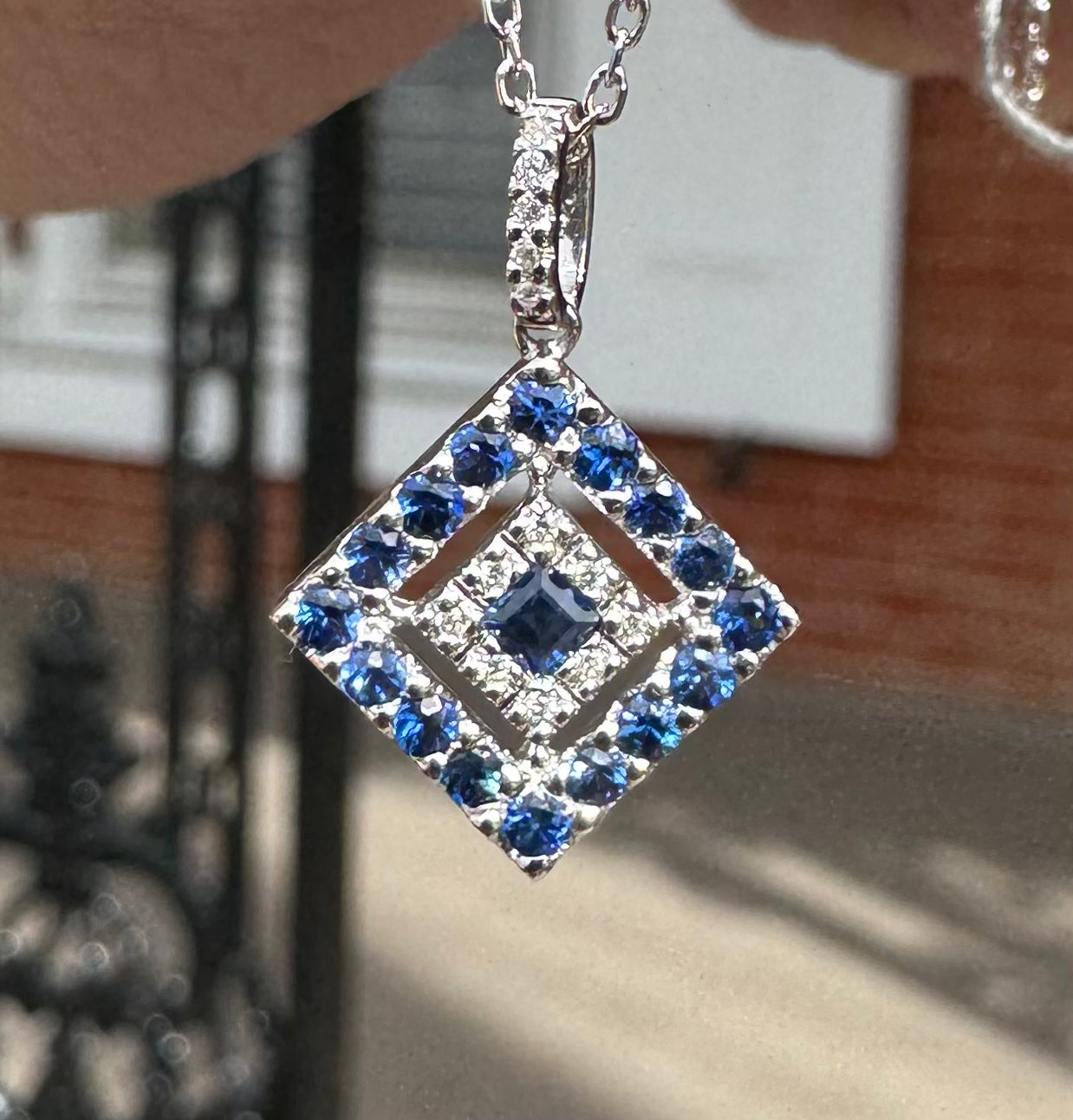 14kwg Square Sapphire Diamond Pendant