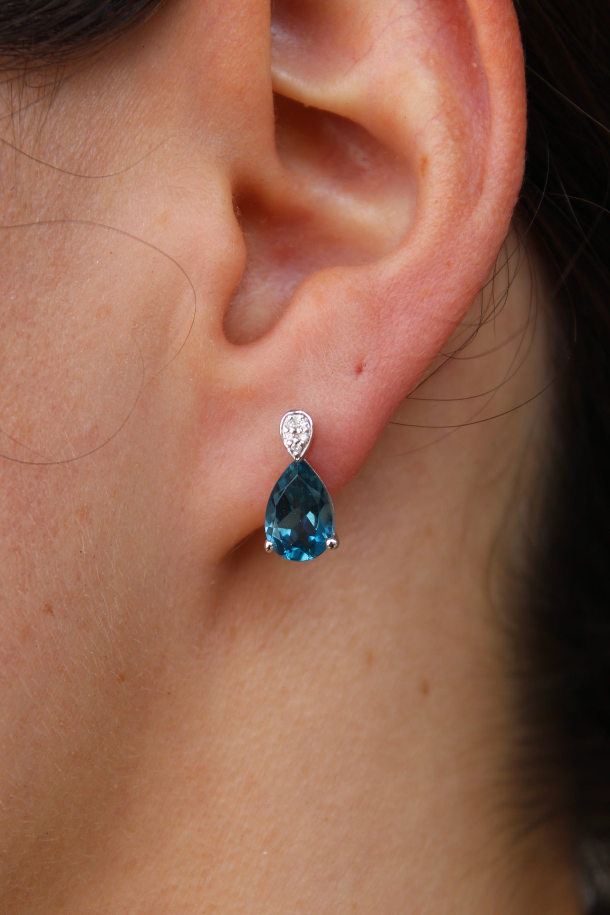 14kw Pear Shape London Blue Topaz & Diamond Studs