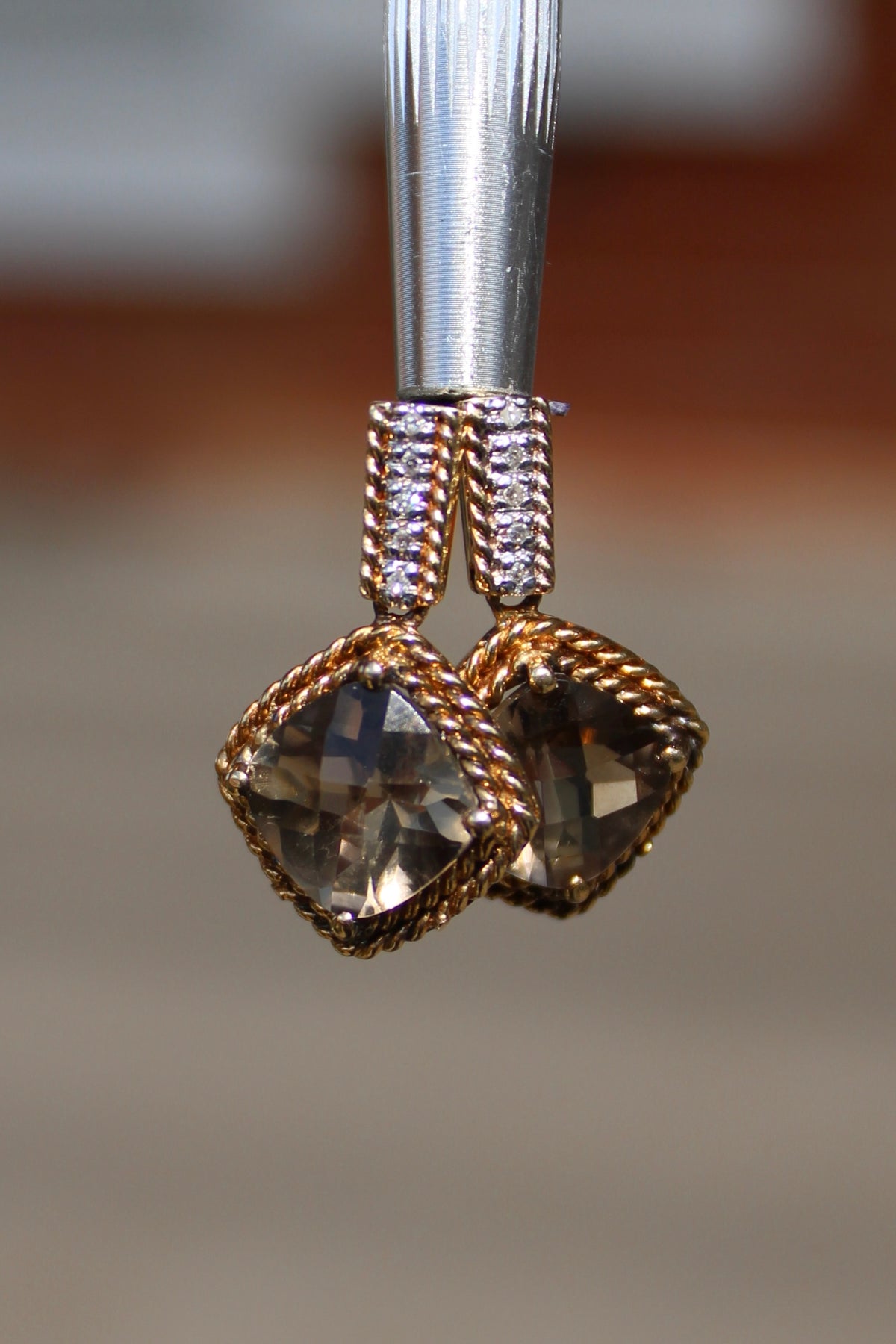 14kyg Smokey Quartz & Diamond Dangle Earrings