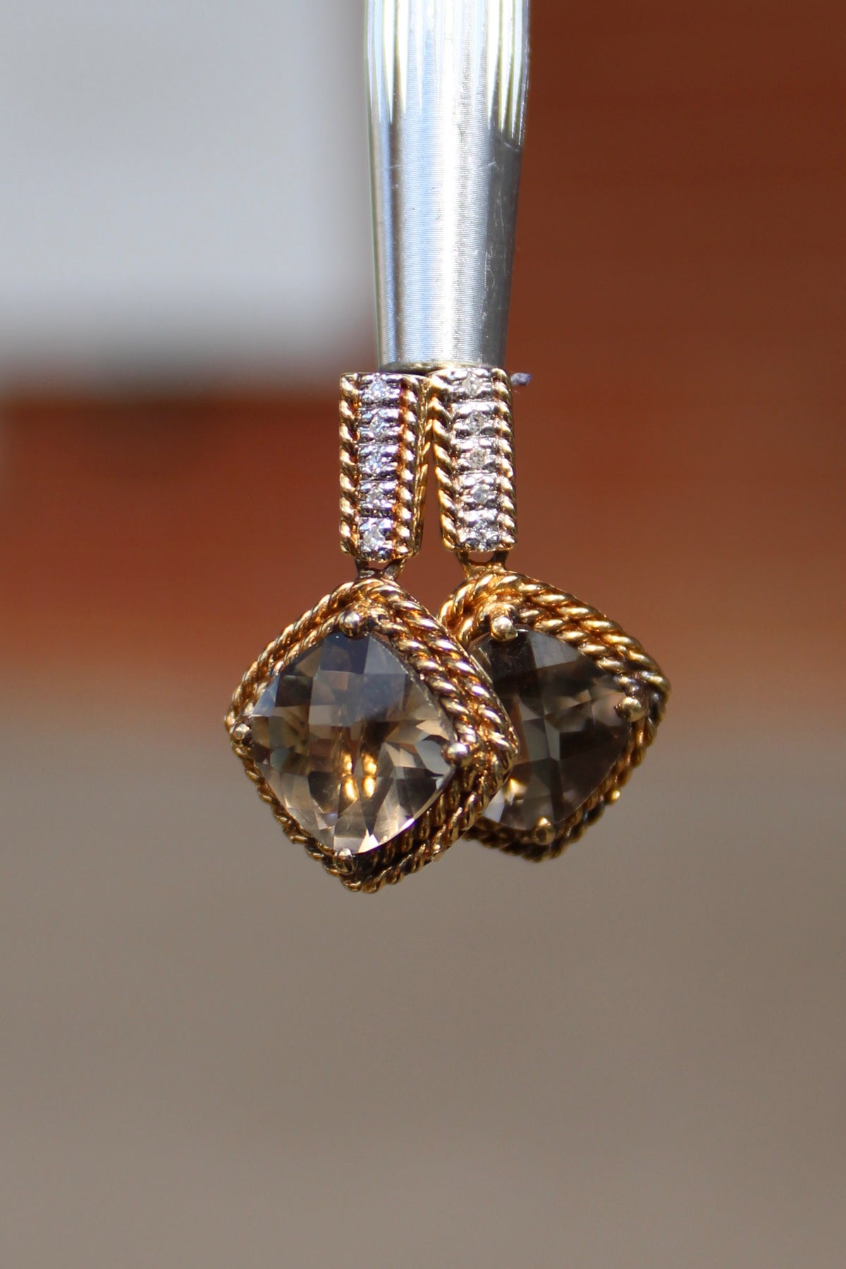 14kyg Smokey Quartz & Diamond Dangle Earrings