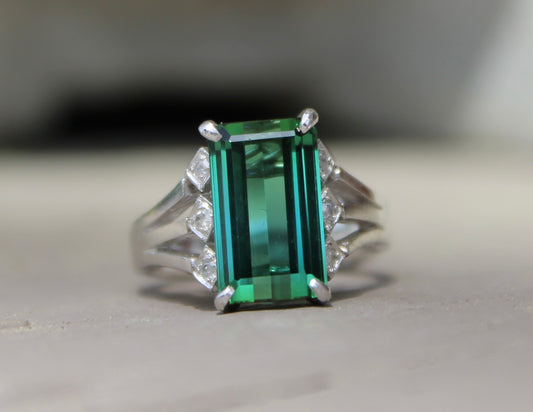 Platinum Blue Green Tourmaline & Diamond Ring