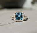 14kyg Asscher Cut Blue Topaz & Diamond Ring