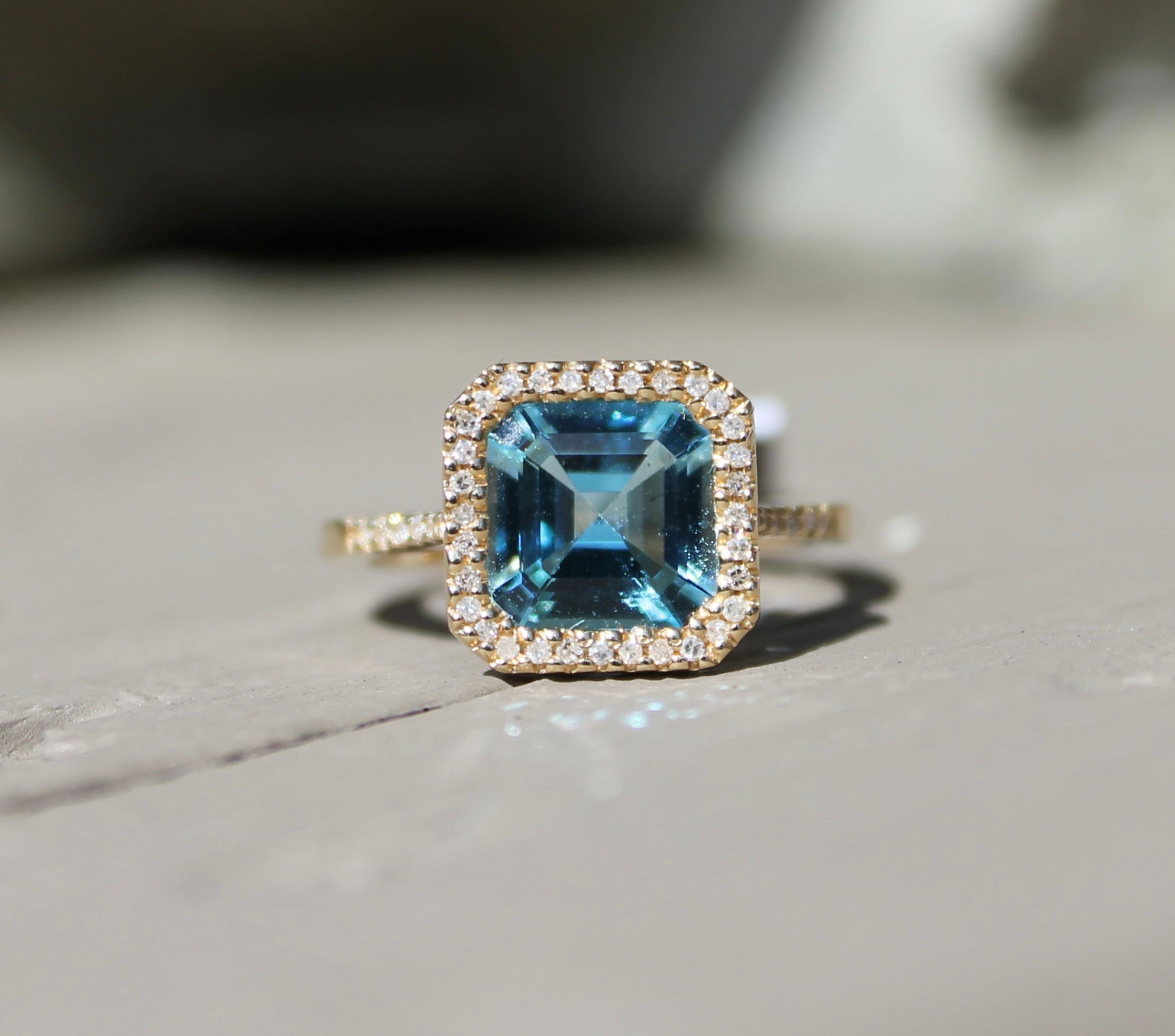 14kyg Asscher Cut Blue Topaz & Diamond Ring