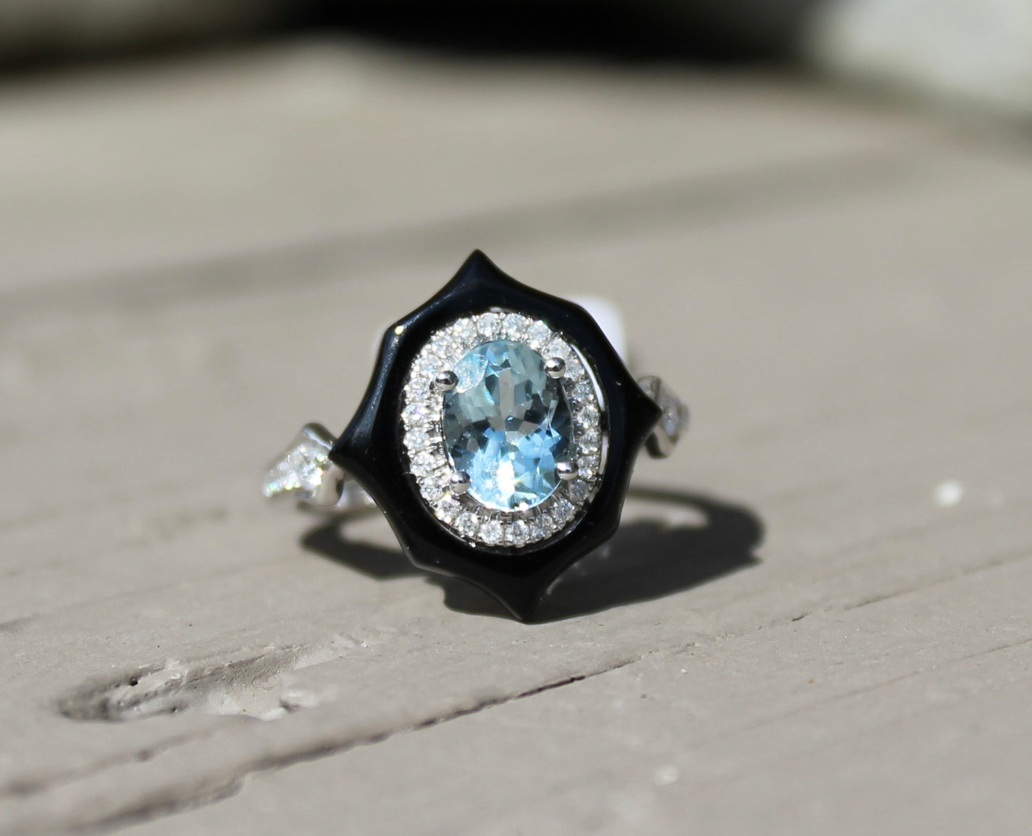 14kwg Onyx & Aquamarine Diamond Ring