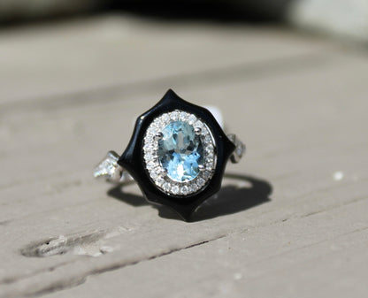 14kwg Onyx & Aquamarine Diamond Ring