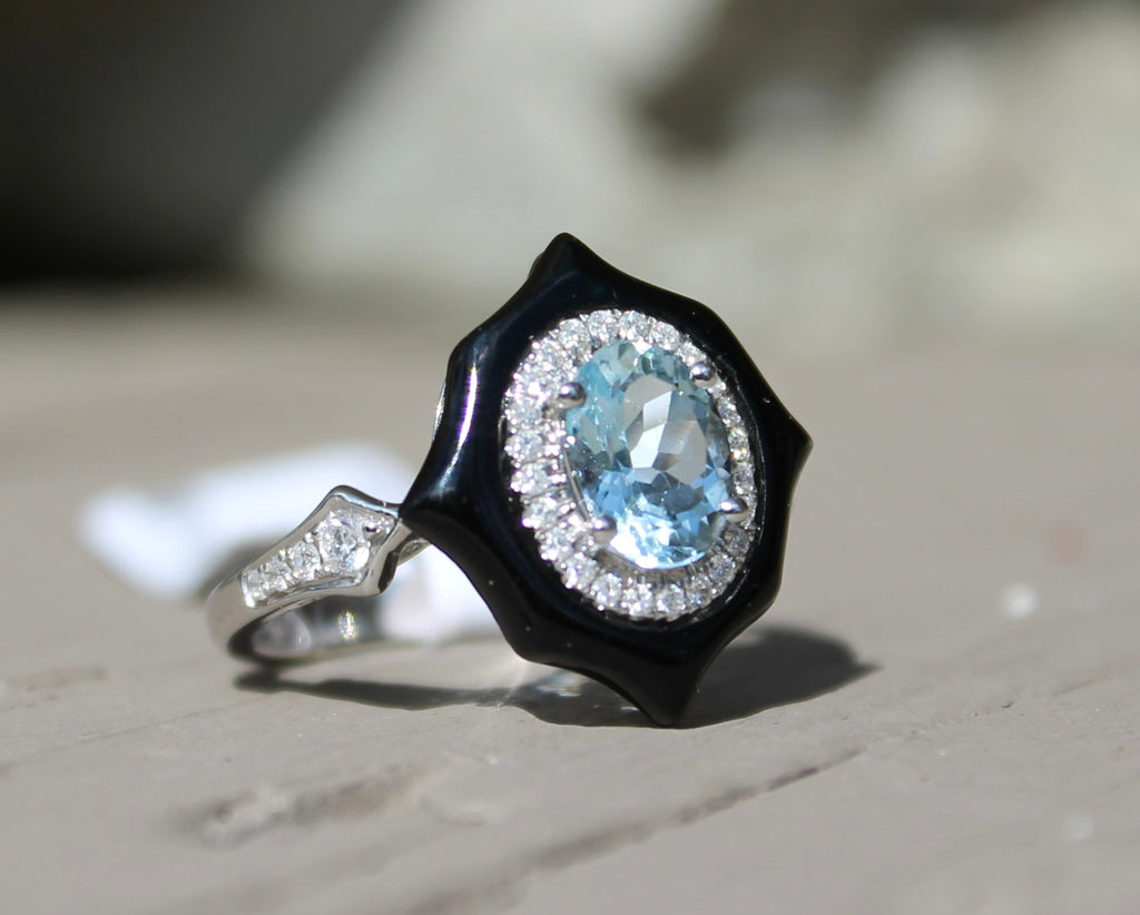 14kwg Onyx & Aquamarine Diamond Ring