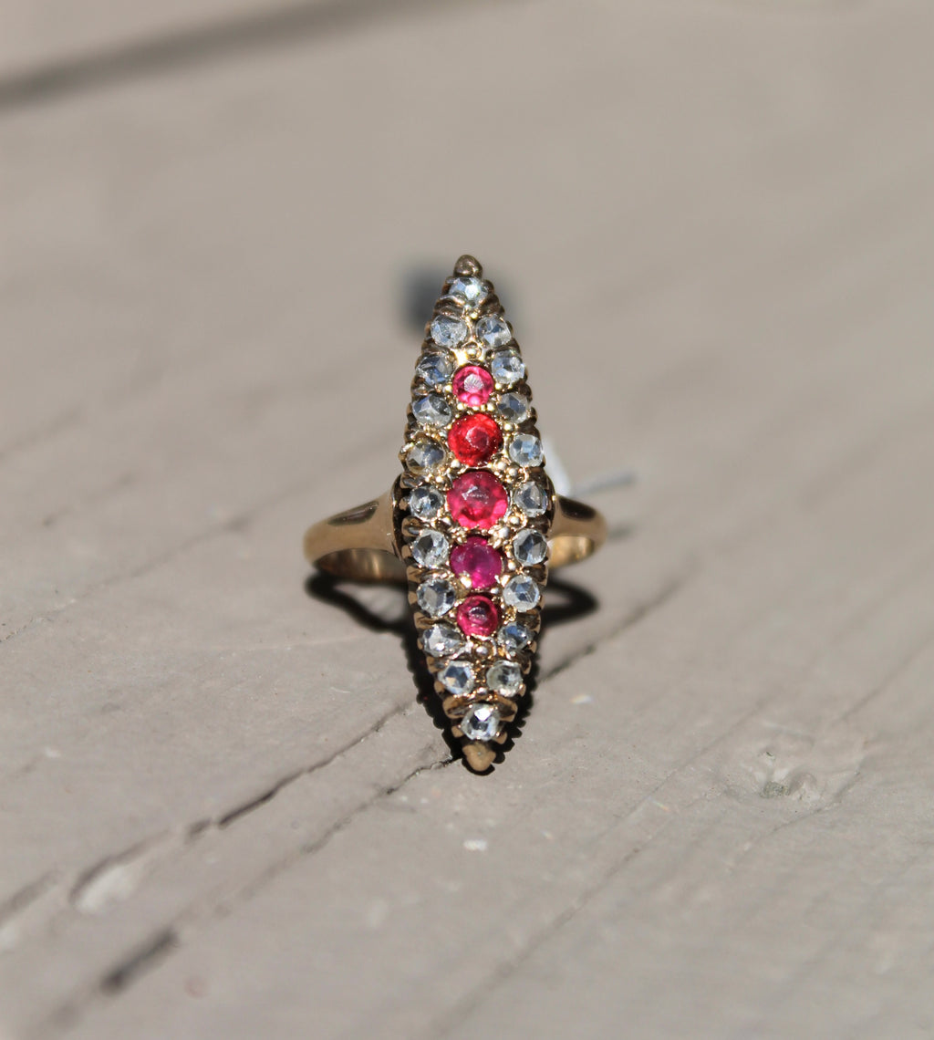 12ct Garnet Doublet & Rose Cut Dia Navette Ring
