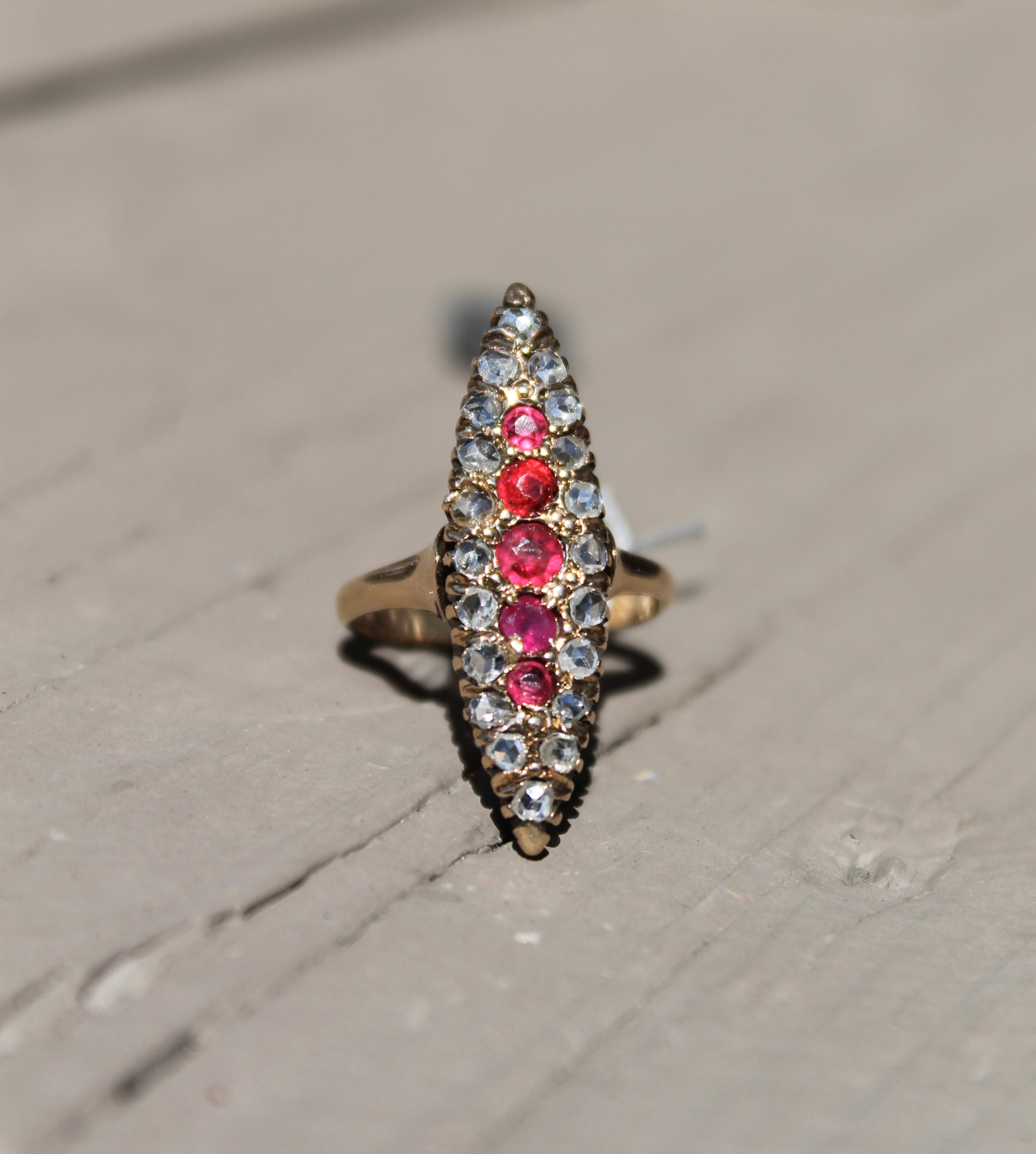 12ct Garnet Doublet & Rose Cut Dia Navette Ring