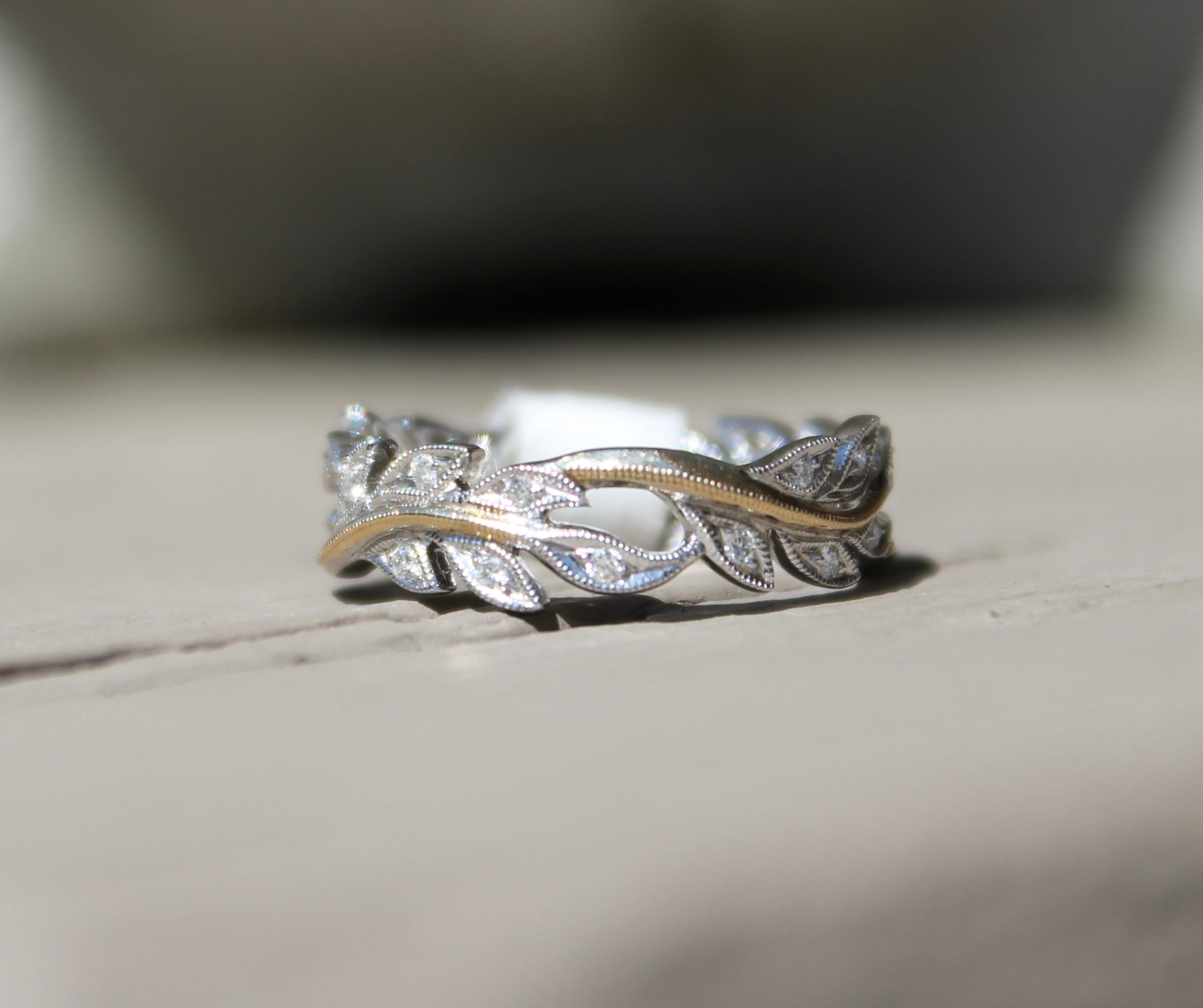 14k Two Tone Leafy Diamond Eternity Band