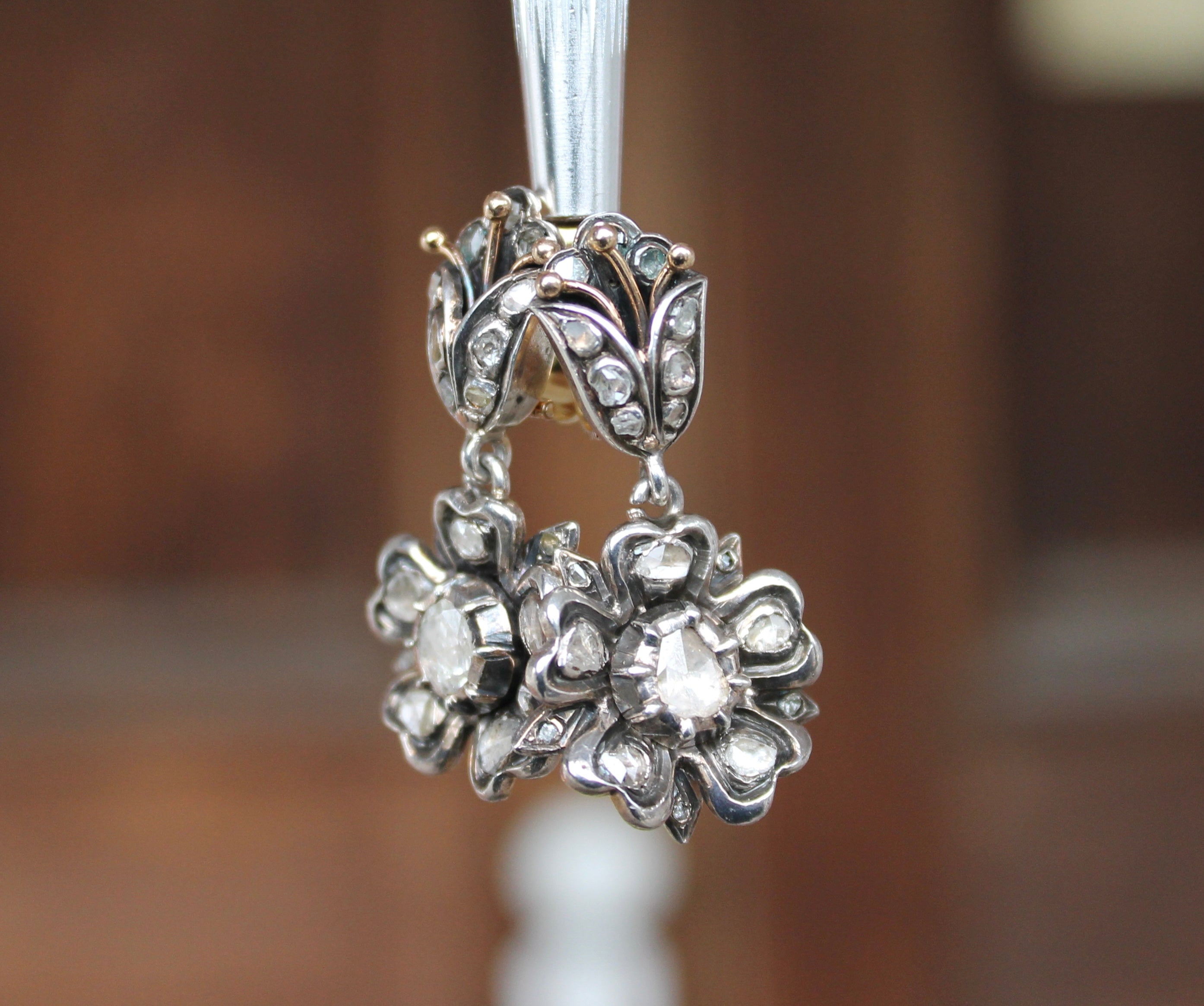 18k Silver Topped Rose Cut Diamond Drop Earrings