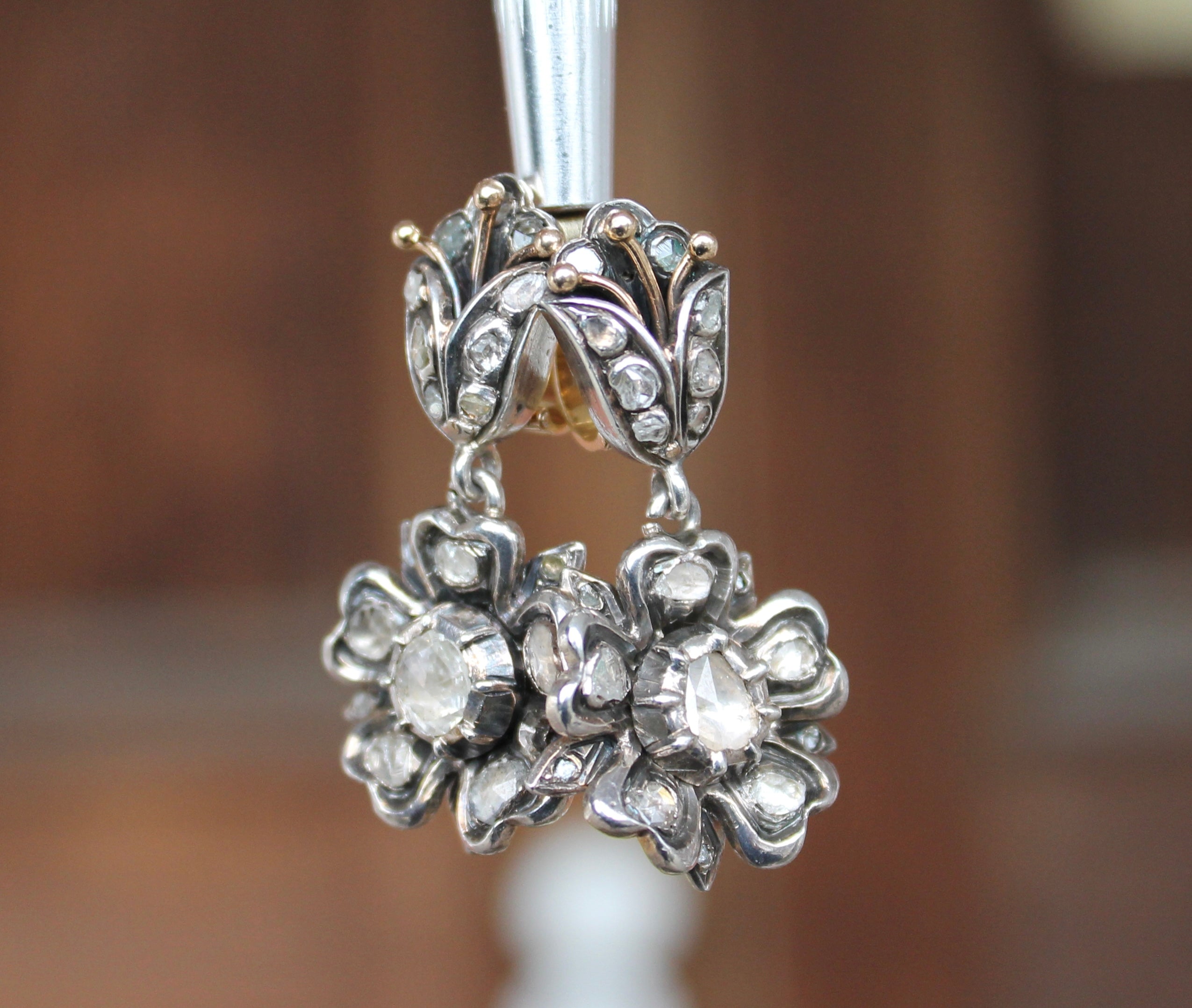 18k Silver Topped Rose Cut Diamond Drop Earrings