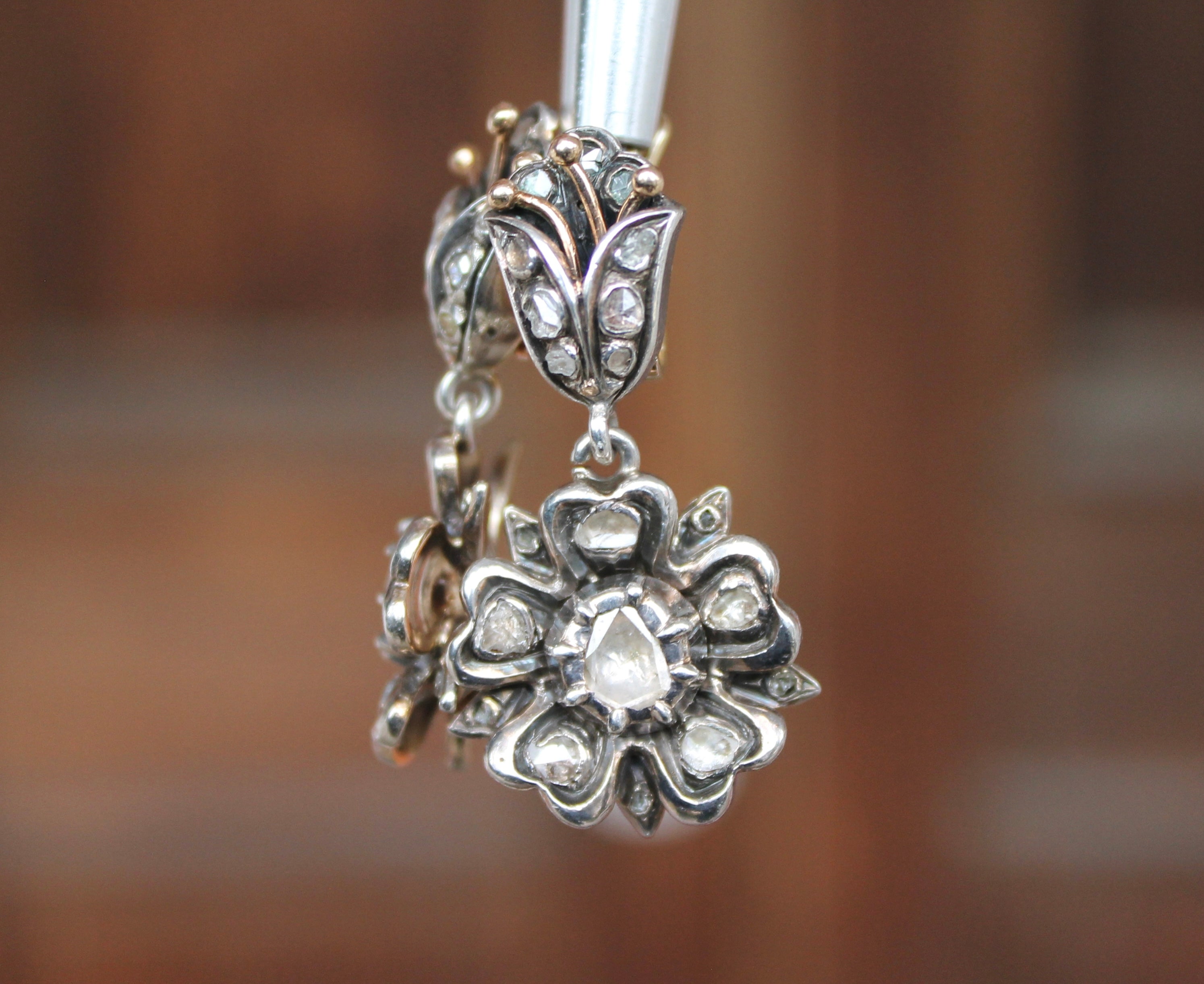 18k Silver Topped Rose Cut Diamond Drop Earrings