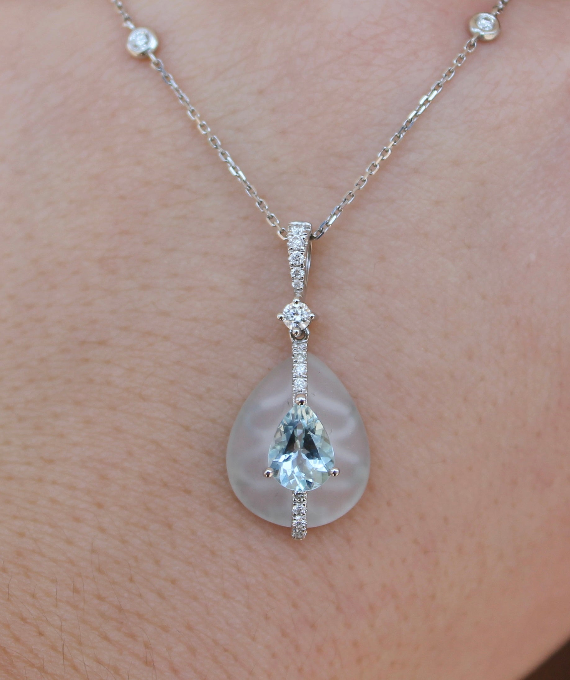 14kwg Aquamarine, Diamond & Frosted Quartz Necklace