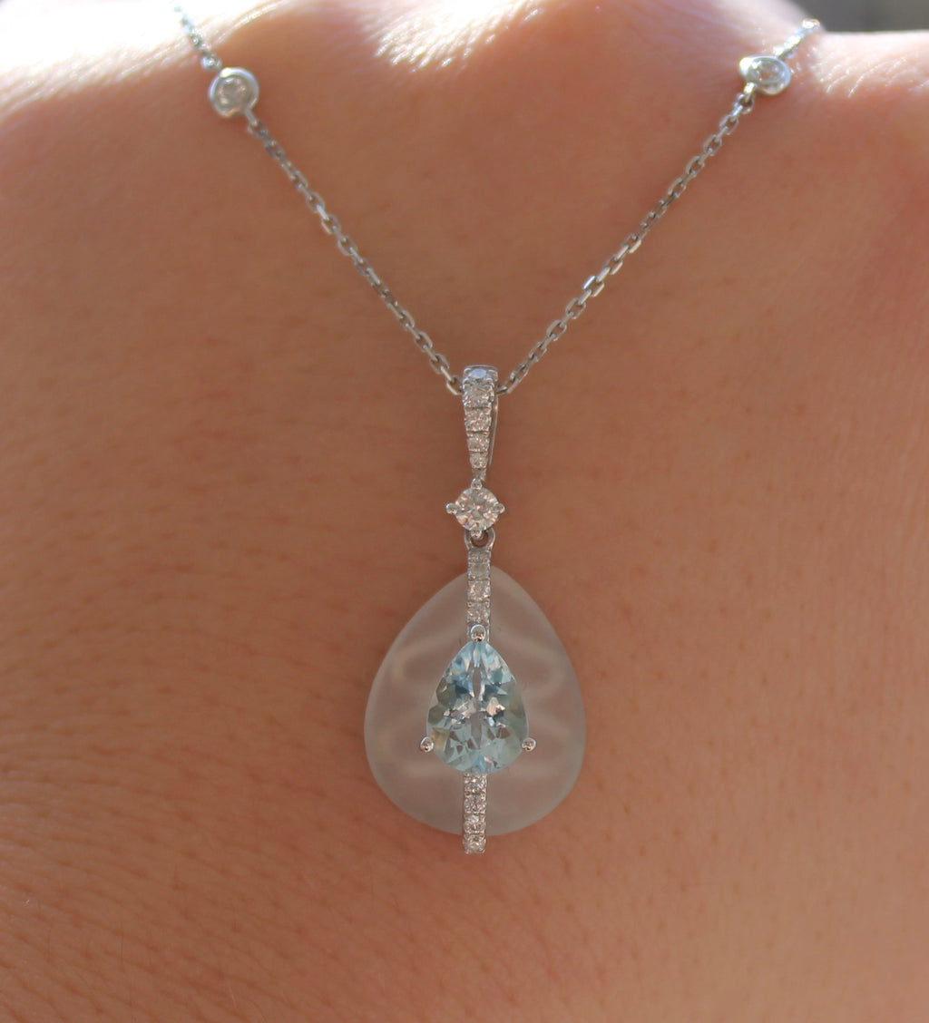 14kwg Aquamarine, Diamond & Frosted Quartz Necklace