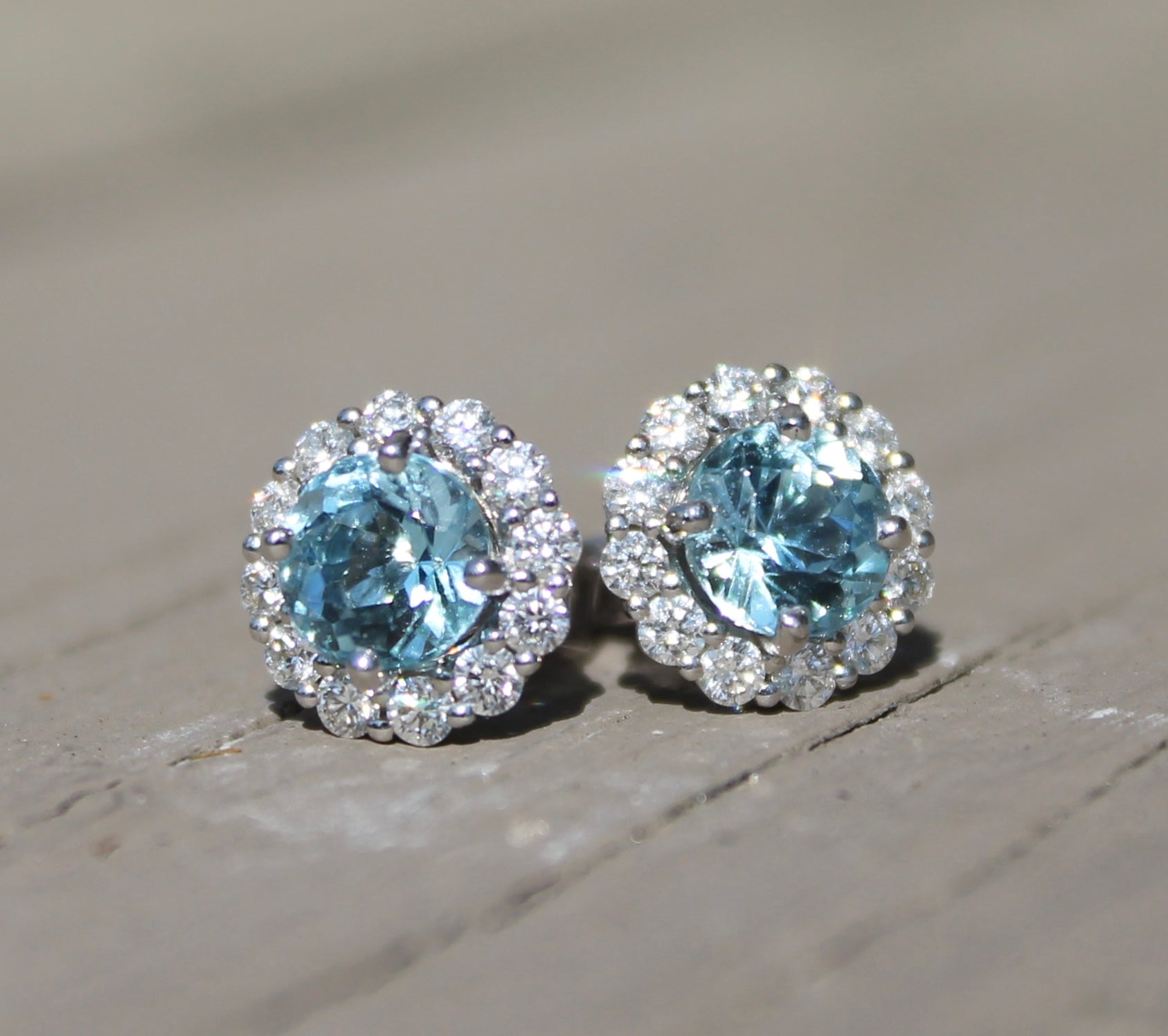 14kw Aquamarine & Diamond Halo Studs