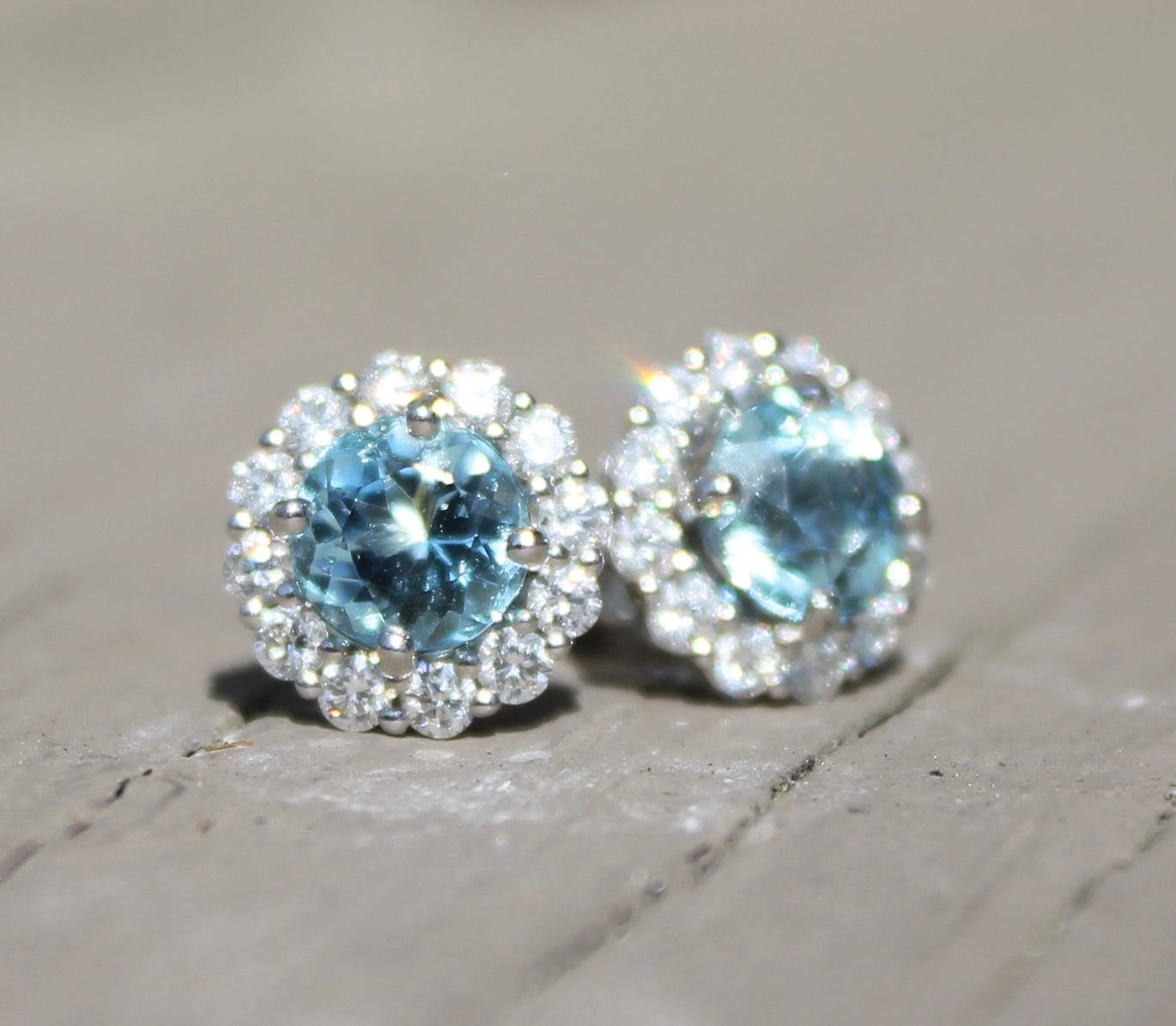 14kw Aquamarine & Diamond Halo Studs