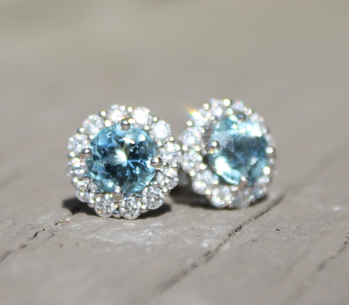 14kw Aquamarine & Diamond Halo Studs