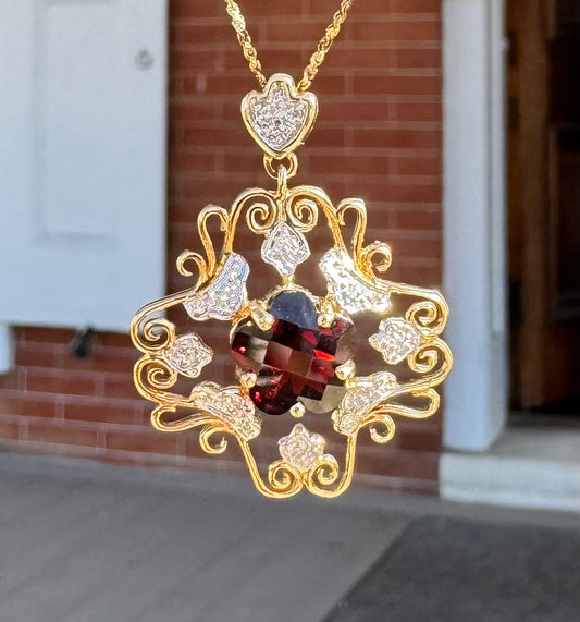 Ornate 14k Garnet & Diamond Pendant