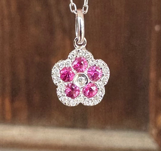 14kwg Ruby & Diamond Flower Pendant