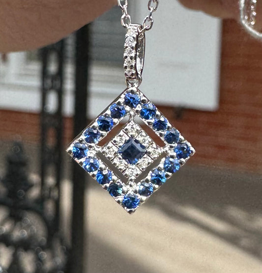 14kwg Square Sapphire Diamond Pendant