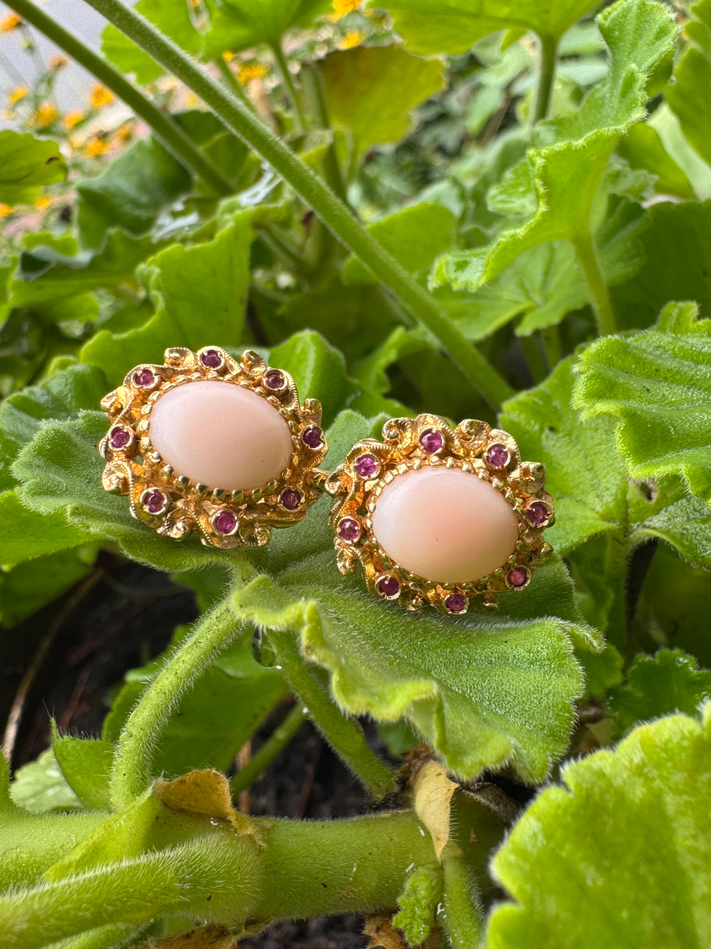 Ruby & Cabochon Coral Earrings 18ky
