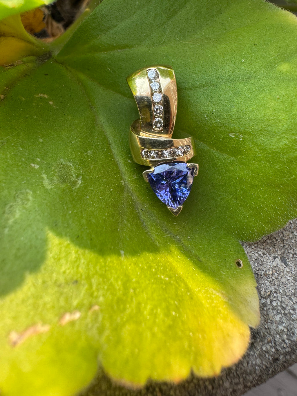 Trillion Shape Tanzanite & Diamond Pendant 14kyg