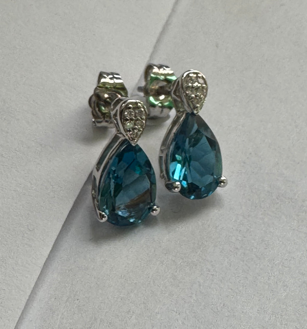 London Blue Pear Topaz & Diamond .05ctw Earrings 14ky